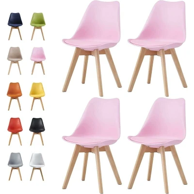 Image of mcc direct Set of 4 Dining Chairs Wooden Legs Soft Cushion Pad Stylish DELUXE Retro Lounge Office EVA (Pink)