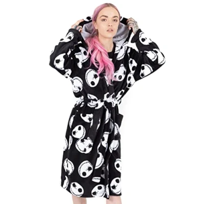 Image of Disney The Nightmare Before Christmas Dressing Gown For Women Adults Jack Skellington Pocket Black Bathrobe Tim Burton Movie Pjs Robe