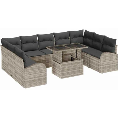 Image of vidaXL 10 Piece Garden Sofa Set with Cushions Light Grey Poly Rattan