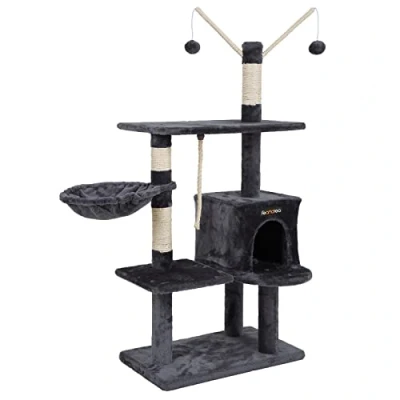 Image of FEANDREA 134 cm cat Tree Scratcher with big platform houses horsetail decorative balls Grey M PCT35G