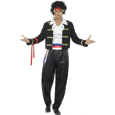 Image of Smiffys 80s New Romantic Costume, Black with Jacket, Trousers, Mock Shirt &amp; Headband, 1980&#039;s Fancy Dress, 1980s Dress Up Costumes
