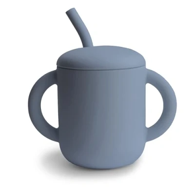 Image of Mushie Silicone Training Cup + Straw Baby Sippy with 6+ Months First Capacity: 175 mL Removable Lid Material: Food Grade Dishwasher &amp; Microwave Safe (Tradewinds)