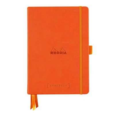 Image of RHODIA 118583C Tangerine Bullet Journal Goalbook Rigid Notebook A5 Dot 240 Pages 90g White Clairefontaine Paper 3 Ribbons, Elastic Closure Faux Leather Cover