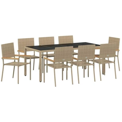 Image of vidaXL 9 Piece Garden Dining Set Beige Poly Rattan