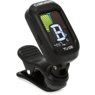 Image of BOSS TU 02 Chromatic Clip On Tuner for Guitar, Bass and Ukulele Reliable Precise Battery Powered with High Contrast Colour Display Warranty , Black