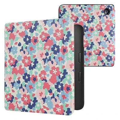 Image of kwmobile Case Compatible with Kobo Libra 2 eReader Cover Pastel Flowers Red/Dusty Pink/Blue