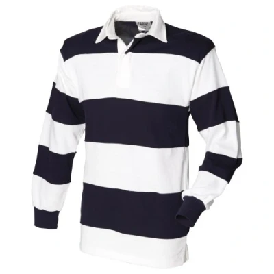 Image of Front Row Sewn Stripe Long Sleeve Sports Rugby Polo Shirt (2XL) (White &amp; Navy collar))