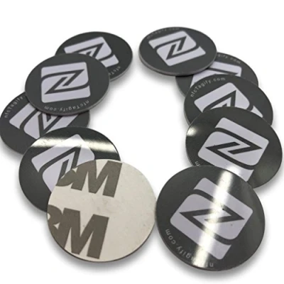 Image of 10 X NFC Tags NXP Chip NTAG213 144 Bytes Memory Hard PVC Sticker Black round High Scan Strength Strong 3M Glue