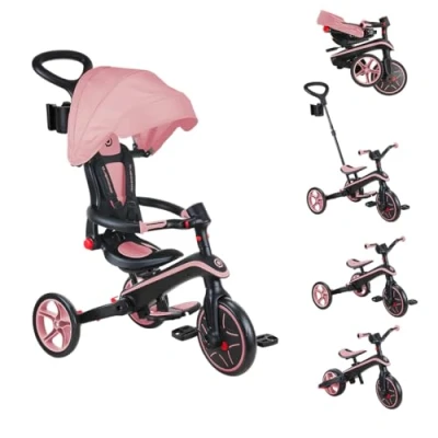 Image of Globber Foldable Explorer Trike and Balance Bike 4 in 1 with Adjustable Canopy Parental Steering Handle Cup Phone Holder Safety Harness 10 Months to 5 Years 2 Year Warranty (Pastel Pink)