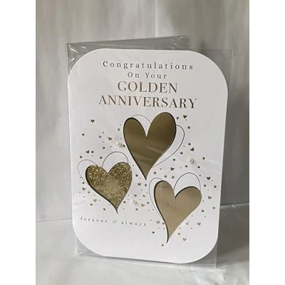 Image of Congratulations On Your Golden Anniversary Forever &amp; Always 50th Wedding Card Gold Hearts/Words Pearls/Glitter/Foil Detail(PRELUDE47271)