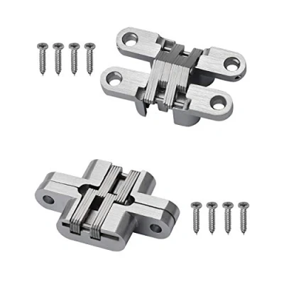 Image of 2 Pieces Concealed Cross Hidden Hinges for Cabinet Cupboard Wooden Box, 180 Degree Invisible Folding Door Hinge, Silver, Zinc Alloy and Stainless Steel