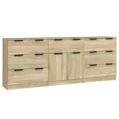 Image of vidaXL Engineered Wood Sideboards, 3 Piece Set, Sonoma Oak, Organiser Cabinets with Ample Storage Space, Easy to Clean, Assembly Required, Stable and Durable Side