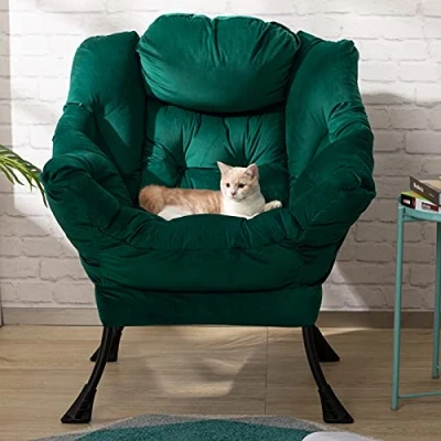 Image of HollyHOME Armchair Velvet Reading Chair Bedroom Accent Comfy Lounge with Armrests Leisure Sofa Steel Frame, Green