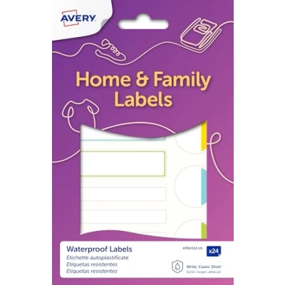 Image of Avery Self Laminating Labels, Waterproof Name Lunchbox Water Bottle School 86 x 17 mm, 24 Labels Per Pack, Pastel Colours