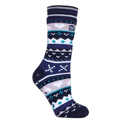 Image of HEAT HOLDERS Ladies Soul Warming Thick Cosy Fairisle Nordic Winter Non Slip Thermal Slipper Socks with Grippers (4 8 uk, Navy/Purple (Soul))