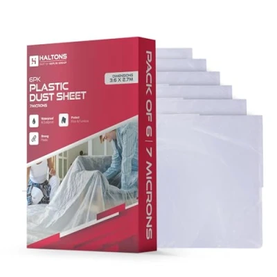 Image of Haltons White LDPE Dust Sheets Paint Protection &amp; Cover for Renovation Multi Pack Plastic Cloth Furniture, Floor Debris Recyclable Durable (6 (3.6x2.7m / 7μm))