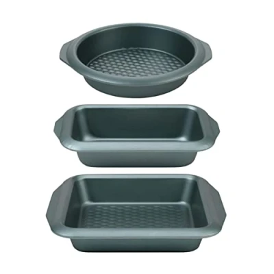 Image of Progress COMBO 7734 Cake Tin Set with Loaf Pan, Square Tray, Round Sponge Tin, Non Stick, Carbon Steel, for Birthday Sheet Cakes, Bread, Brownies, Baking Set, Shimmer Collection, 27/28cm, Green