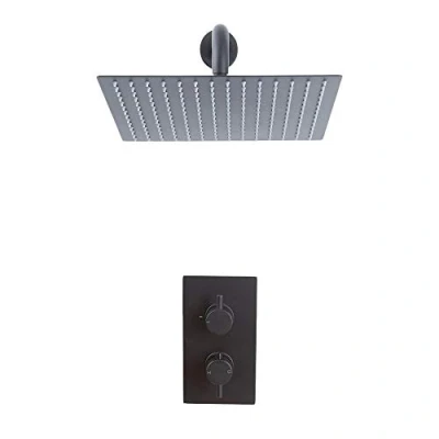 Image of Milano Nero Modern Twin Thermostatic Mixer Shower Valve with 300mm Wall Mounted Square Rainfall Head Black