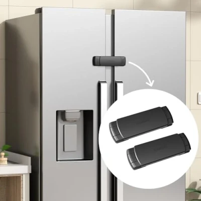 Image of EUDEMON 2 Pack Latest French Fridge Lock Door Refrigerator/Freezer Apply to Max 3.54&quot;(90mm) Two Gap Distance for Kids &amp; Babies,Easy Install no Tools Need or Drill (Black)