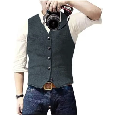 Image of Solovedress Mens Vintage Waistcoat Tweed Wool Regular Fit Suit Vest for Wedding Groomsmen(Light Navy Blue,S)