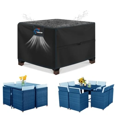 Image of SIRUITON 120x120x74cm Cube Garden Furniture Cover, Rattan Set Cover Waterproof, Heavy Duty 420D Oxford Fabric Patio Table with Air Vent, Square Black