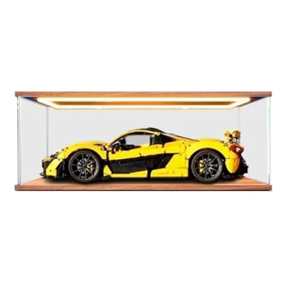 Image of HCAEIOFJ Clear Acrylic Display Case for Lego Technic 42172 Applicable McLaren P1 Hypercar Designed Box Gift(Display Only) (Walnut Bottom+Top Light)