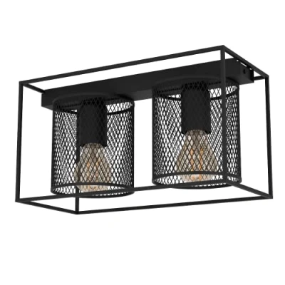 Image of Eglo Ceiling Light Fitting Catterick, Rectangular lamp in Industrial Design, mesh cage Fixture Made of Black Metal Flush Mount Living Room Lighting, E27 Socket