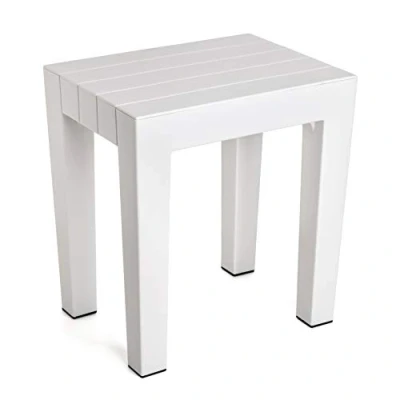 Image of TATAY rectangular stool made of white textured polypropylene, with a wood effect finish. Anti UV protection, suitable for indoor and outdoor use. Size 38x29x41m5 cm