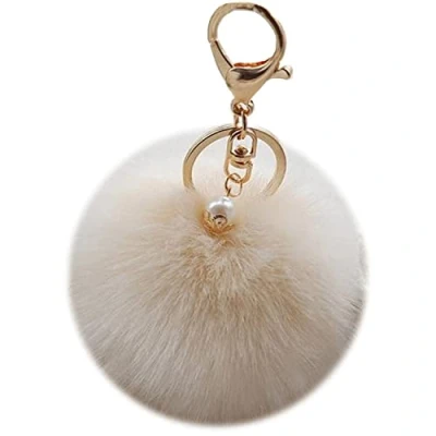 Image of Shining crown Pom KeyChain Fluffy Fur Ball Pearl Keyring Pendant Accessory Charm for Women Handbag Car Key with Giftbox,Milk White