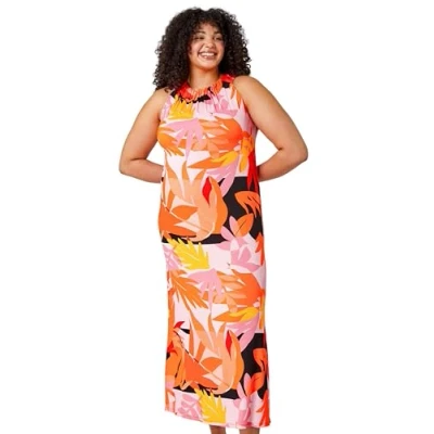 Image of Roman Curve Plain Stretch Jersey Maxi Dress for Women UK Ladies Everyday Holiday Spring Summer Round Neckline Comfy Soft Evening Vacation Work Party Orange Size 18
