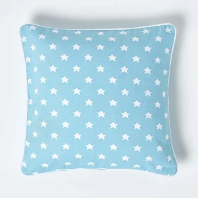 Image of HOMESCAPES 100% Cotton Star Cushion Cover 45 x cm Square 18 Inches Blue White Sofa Pillow Washable