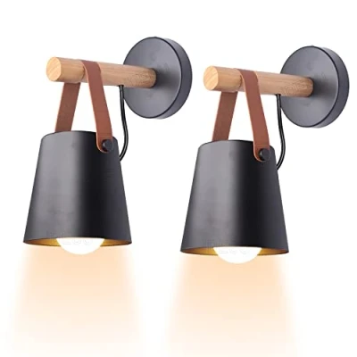 Image of iDEGU Set of 2 Wall Lights Indoor Vintage Minimalist Modern Lamp Metal Lampshade E27 Light Fixture with Wood Bracket for Bedroom Office Hallway (Black)