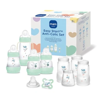 Image of MAM Easy Start Self Sterilising Anti Colic Starter Set, Newborn Bottle Set and Soother, Essentials, Pastel Green, Sold in Foreign Language