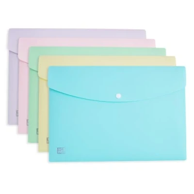 Image of Oxford A4 Plastic Popper Wallets, Assorted Pastel Colours, Document Folders, Pack of 5