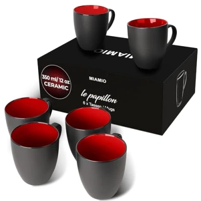Image of MIAMIO 6 x 350 ml Stoneware Coffee Mug/Cup Set Le Papillon Collection (Black Red)