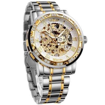 Image of Winner Retro Manual Mechanical Skeleton Watch with Diamond and Carving Flower Craft Men Wrist Classic Roman Number, SilverWhite,