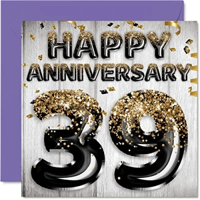 Image of Awesome 39th Anniversary Card for Husband Boyfriend Wife Girlfriend Black Gold Glitter Balloons Happy 39 Cards from Family, 145mm x Greeting Thirty Ninth Anniversaries