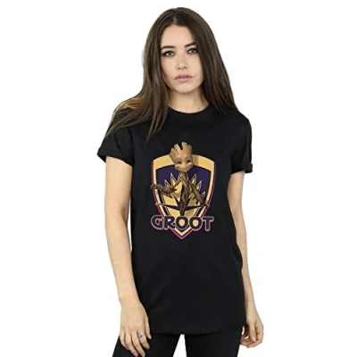 Image of Marvel Women&#039;s Guardians of The Galaxy Groot Badge Boyfriend Fit T Shirt Black Large