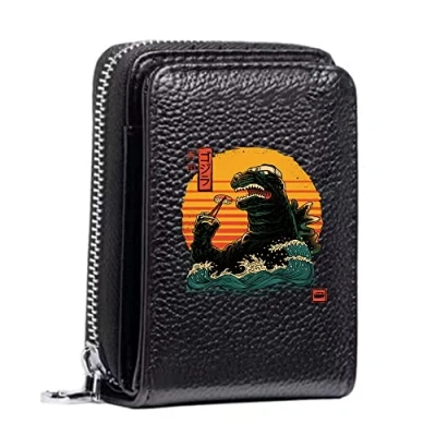 Image of Women&#039;s RFID Blocking Leather Small Compact Bi fold Zipper Pocket Wallet Card Case Purse with ID Window (Godzilla Drink)