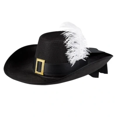 Image of Boland Adult Musketeer Hat With Feather, Historical Fancy Dress Accessory, Headwear, For Men and Women, Pirate Hat, Highwayman, Halloween, World Book Day, One Size (Black/White)
