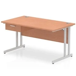 Image of Impulse 1400x800 Desk Beech/Silver Cantilever Leg 1x1 Drawer Fixed Ped