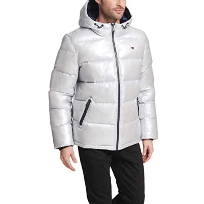 Image of Tommy Hilfiger Men&#039;s Hooded Puffer Jacket Down Alternative Coat, Pearlized Grey, M