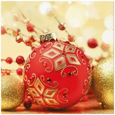 Image of 20 Napkins Christmas Red Bauble with Gold Table Decoration Paper Motif Also for Decoupage and 33 x cm