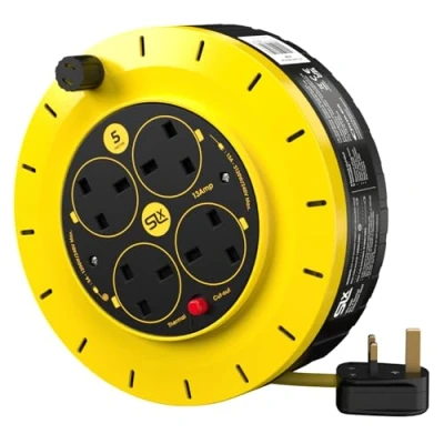 Image of SLx Extension Lead 5m 4 Socket Reel Heavy Duty Cable Thermal Cut Out for Garden Lawn Mower Office 13A Fused UK Plug