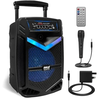 Image of Pyle, PA System, Active Powered Speakers, 1200W Rechargeable Outdoor Bluetooth Speaker Portable w/ 15 Subwoofer 1 Tweeter, Microphone and Speaker, LED Lights, Recording, USB/SD
