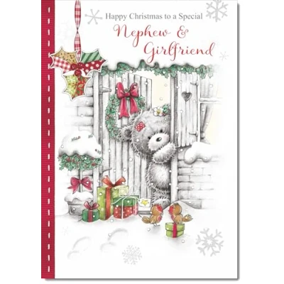 Image of doodlecards Nephew &amp; Girlfriend Christmas Card Grey Bear in Snow Medium Size with Plain Red Envelope, 21 x 15cm