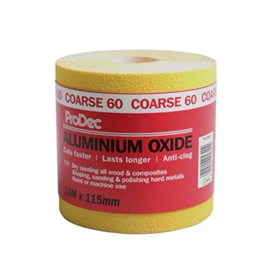Image of ProDec 10m Roll 60 Grit Coarse Grade Yellow Aluminium Oxide Abrasive Sanding Paper for Wood, Paint, Plaster, Filler, Metal and More, 115mm Wide Sandpaper Compatible with Machine Sanders