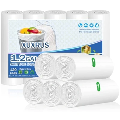 Image of XUXRUS 5 Liter Small Trash Bin Bags White Liners 1.2 Gallon Garbage Wastebasket for Home Office Lawn Bathroom,120 Count,White (Fits 0.8 Bins)