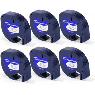 Image of 6X LetraTag Label Plastic Tape for Dymo, 12 mm x 4 m Roll, White, Replacement Dymo authentic labels