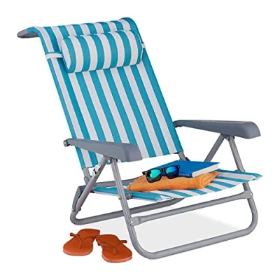 Image of Relaxdays reclining beach chair, sun lounger, headrest, adjustable, folding, armrest &amp; bottle opener, blue/white, modern, Steel, 1 item